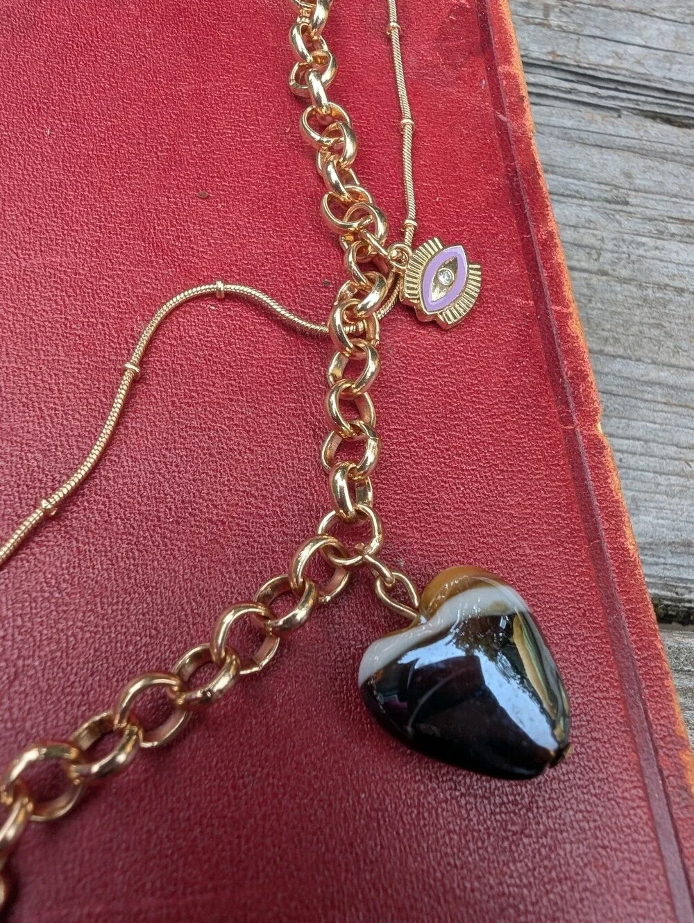 Gold-Tone Charm Necklace with Red Strawberry and Glass Heart